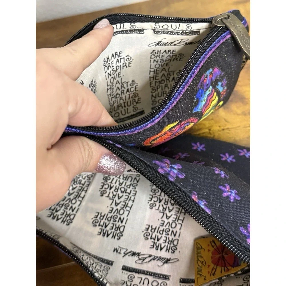 Laurel Burch Colorful 3 Dog Stars Canvas Zip Up Pouches Set Of 2 Cosmetic Bags